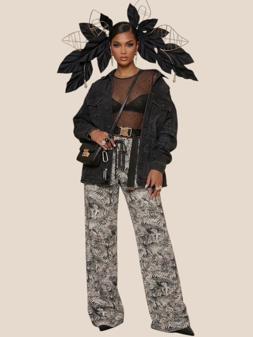 PrettyLittleThing Palm Leaf Jacquard Wide Leg Jogger US Size 10 NWT Oversized